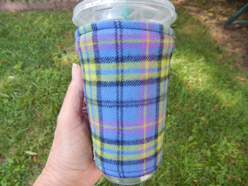 Periwinkle Lime Plaid Flannel Iced Coffee Cozy image 1