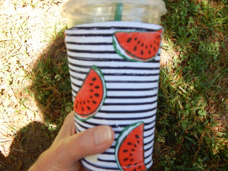 Watermelon On Stripes Iced Coffee Cozy image 1