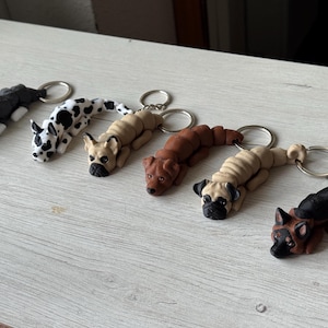 Pode incluir: Uma coleção de chaveiros de cães feitos à mão em várias raças, incluindo um husky, dálmata, buldogue, pug e pastor alemão. Cada chaveiro é feito com detalhes e preso a um chaveiro de prata. Os cães são em tons de preto, branco, castanho e bege.