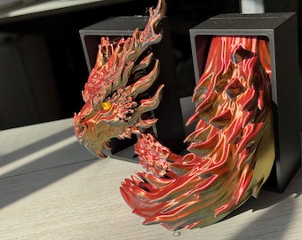 Fire Dragon Bookend – Fantasy Decor for Bookshelves | Medium & Large Sizes | Dragon Gift for Book Lovers