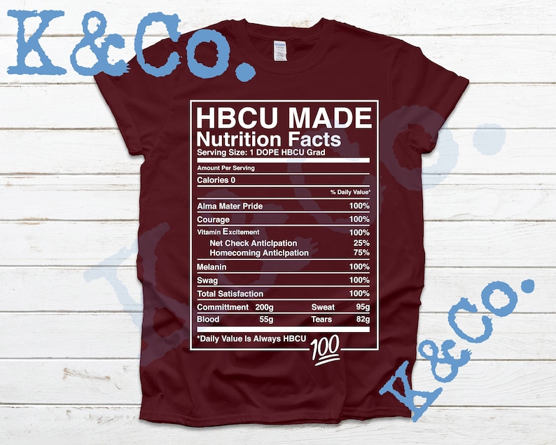 Op de afbeelding: Een maroon t-shirt met een witte afbeelding waarop staat "HBCU MADE Nutrition Facts" en verschillende attributen van een HBCU-afgestudeerde worden opgesomd, zoals "Alma Mater Pride", "Courage", "Vitamin Excitement", "Net Check Anticipation", "Homecoming Anticipation", "Melanin", "Swag", "Total Satisfaction", "Commitment", "Blood", "Sweat", "Tears". De afbeelding bevat ook de tekst "*Daily Value Is Always HBCU 100".