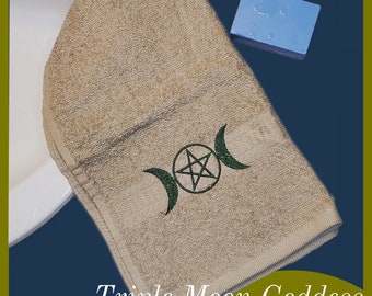 Triple Moon Goddess Embroidered Hand Towel in Tan