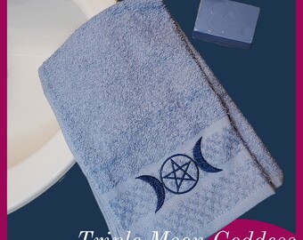 Triple Moon Goddess Embroidered Hand Towel in Blue