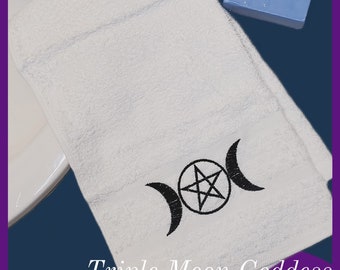 Triple Moon Goddess Embroidered Hand Towel in White