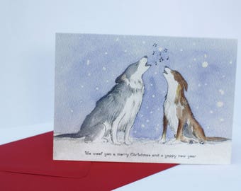 Dog Christmas Card. We Woof you a Merry Christmas. Border Collie.