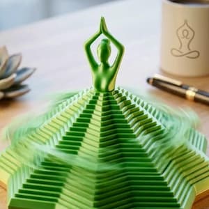 May include: A green yoga-themed desk toy with a figure in a prayer pose on a tiered, geometric base. The base has a spinning effect. A mug with a yoga symbol and a pen are in the background, on a wooden surface.