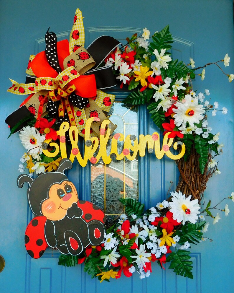 Large Oval Grapevine Ladybug Floral Welcome Wreath, Front Door Wreath ...