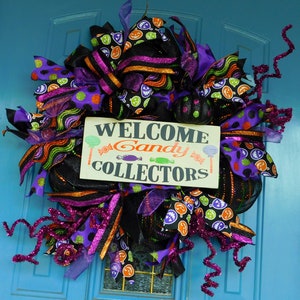 Welcome Candy Collectors Deco Mesh Halloween Wreath, Deco Mesh with Foil Stripe Halloween Wreath, Front Door Wreath,Welcome Halloween Wreath
