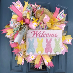 Pastel Bunny Cottontail Wreath, Easter Front Door Wreath, Welcome Easter Bunny Wreath, Spring Deco Mesh Wreath, Easter Bunny Peeps Wreath