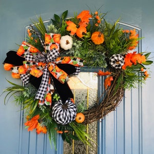Fall Buffalo Plaid Pumpkin Grapevine Wreath, Farmhouse Autumn Wreath, Front Door Wreath, Fall Orange Velvet Buffalo Check Grapevine