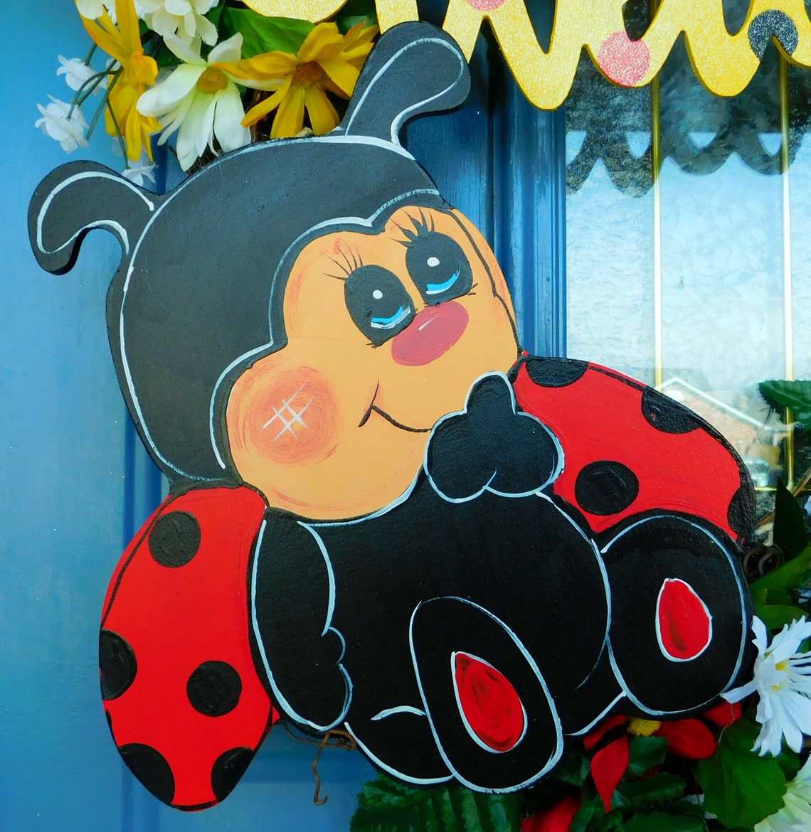 Large Oval Grapevine Ladybug Floral Welcome Wreath, Front Door Wreath ...