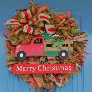 Red Truck Carrying Christmas Trees and a Merry Christmas Sign on a Deco Mesh Wreath, Front Door Wreath, Deco Mesh Wreath, Deco Christmas