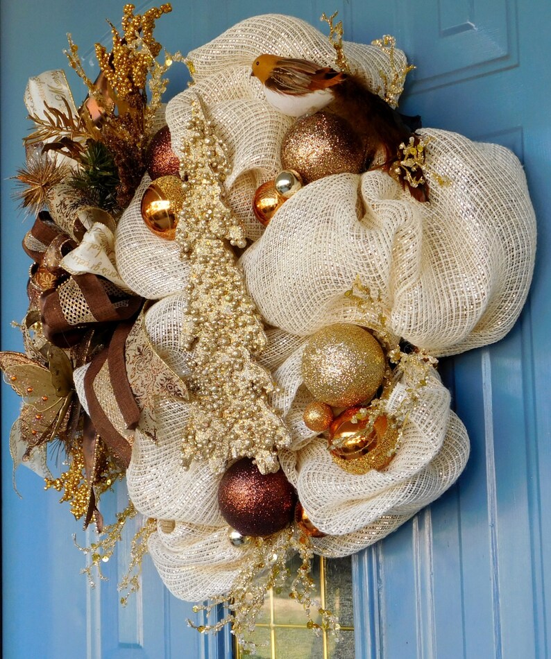 Gold Cream and Chocolate Deco Mesh Christmas Wreath Front Etsy