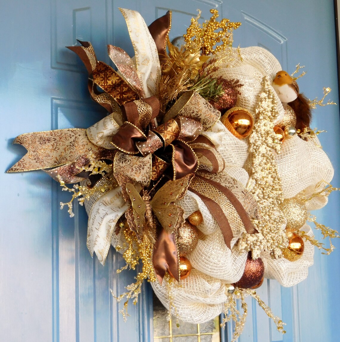 Gold Cream and Chocolate Deco Mesh Christmas Wreath Front Etsy