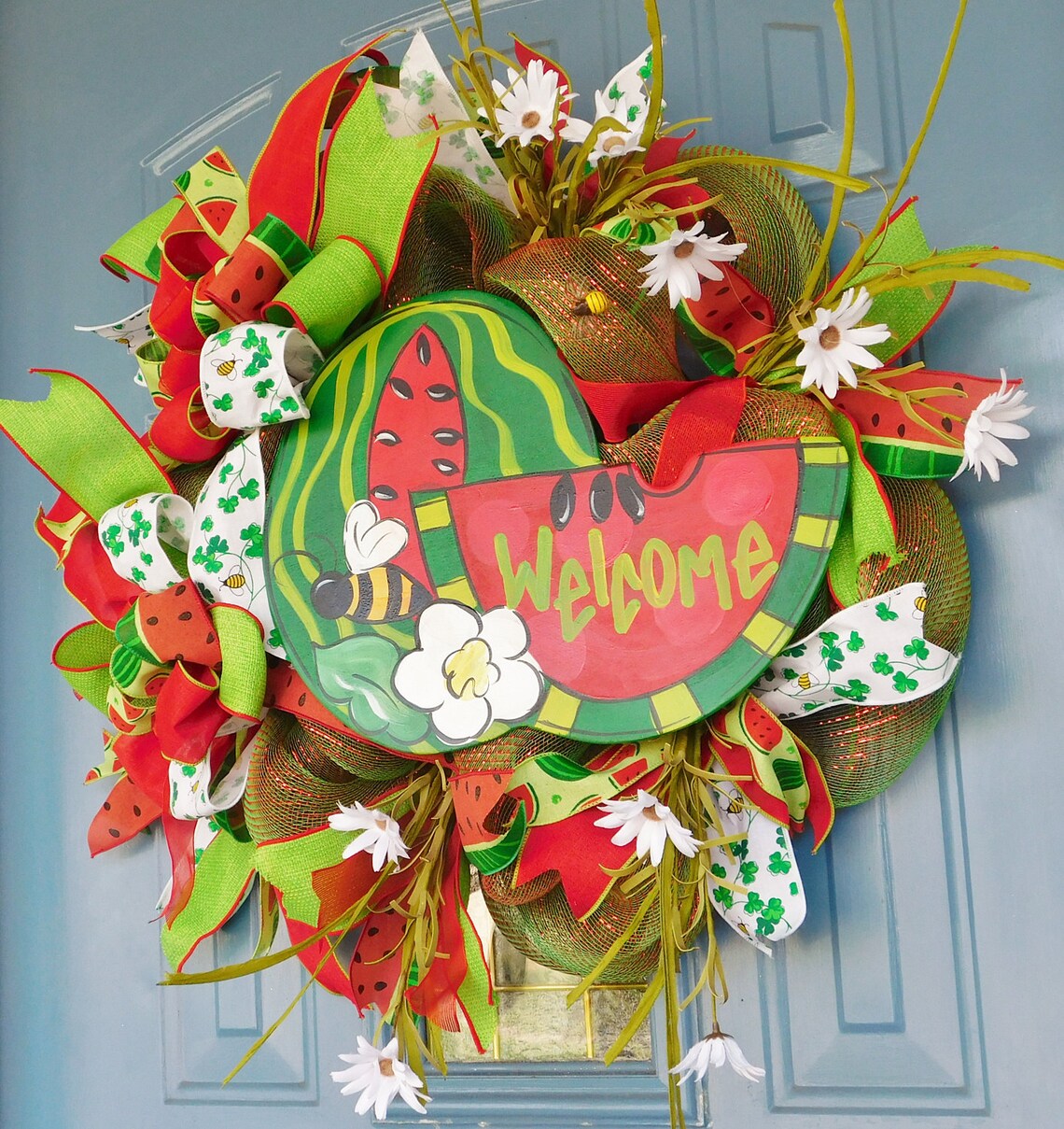 Handpainted Wooden Watermelon Welcome Sign on Green and Red Deco Mesh ...