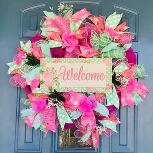 Welcome Rose Wreath, Front Door Wreath, Pink and Mint Green Mesh Wreath, Spring/Summer Wreath, Every Day Wreath, Welcome Deco Wreath