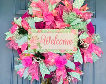 Welcome Rose Wreath, Front Door Wreath, Pink and Mint Green Mesh Wreath, Spring/Summer Wreath, Every Day Wreath, Welcome Deco Wreath