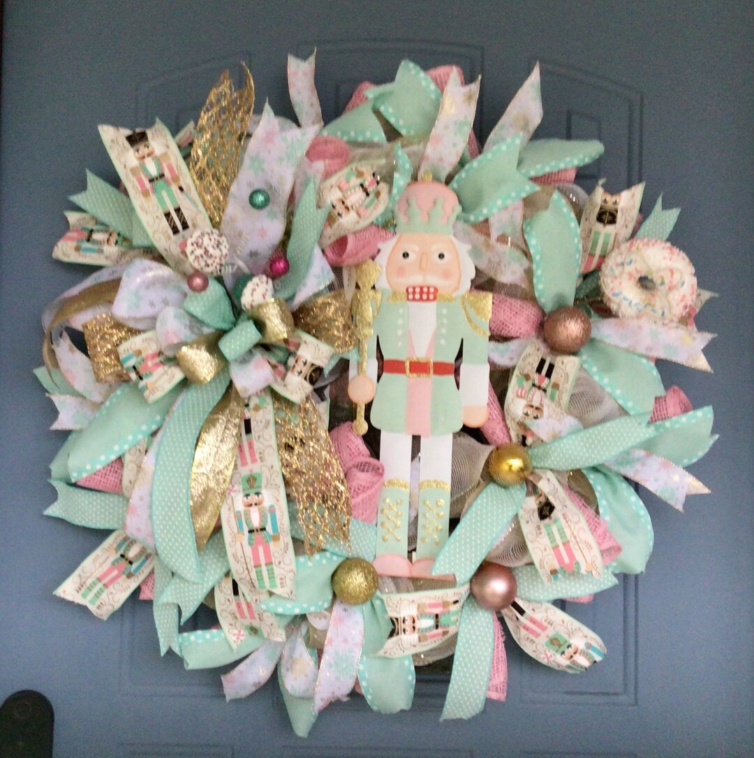 Pink and Mint Green Nutcracker Deco Mesh Wreath Christmas Etsy