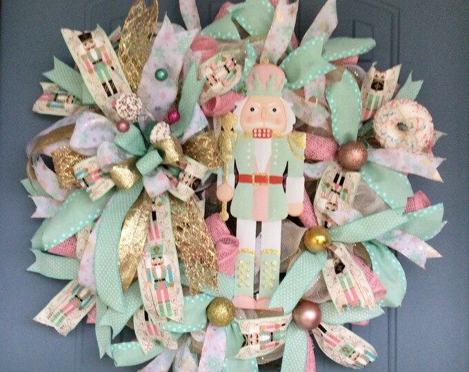 Pink and Mint Green Nutcracker Deco Mesh Wreath, Christmas Front Door Wreath, Nutcracker Decor