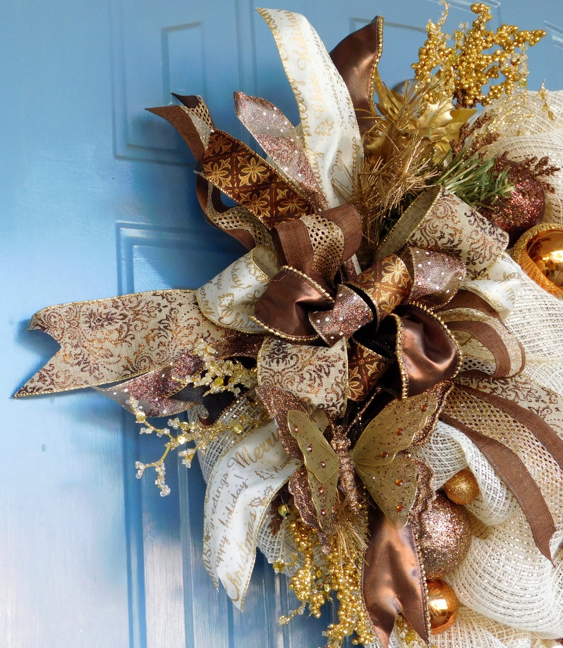 Gold Cream and Chocolate Deco Mesh Christmas Wreath Front Etsy