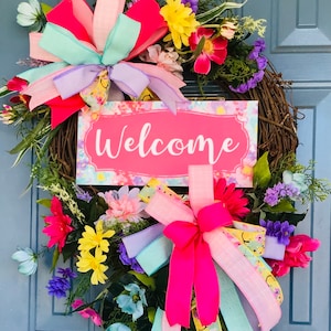 Spring or Summer Front Door Grapevine Wreath; Welcome Wreath; Floral Grapevine Wreath; Pink, Purple, Turquoise, Yellow Wreath