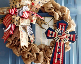 Couronne de toile de jute de la Croix américaine, Couronne religieuse patriotique, Couronne de porte d’entrée, Couronne de croix patriotique, Couronne des vacances d’été, Décor Americana