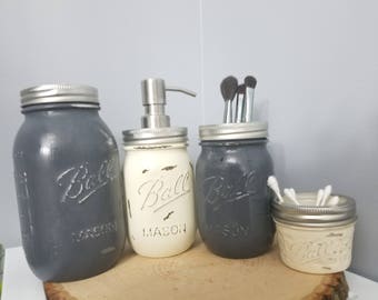 4pc Mason jar Bathroom set - dark grey and off white