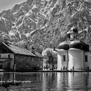 Berchtesgaden Landscape Print,St. Bartholomew Church Photo,Koenigsee,Black & White country side,German Church,Mountains Wall Art,WallDecor