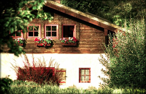 German Photography,Alpen Haus,Window Flower baskets Print,Rustic Design,Old Rustic Wall Art,Wall Decor,Germany,Window Art,Brown Theme Design