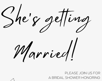 May include: A black and white floral illustration with text that reads "She's getting married!"  Please join us for a bridal shower honoring Sarah Smith. Saturday, 15th of January from 2-4pm. The Smith Residence, 1235 Harrison Road Orlando, FL. RSVP by 1st of December to Jackie at 222-222-2222. Registered at Target.
