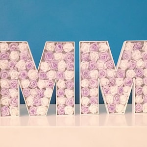May include: White letters spelling the name "EMMA" decorated with purple and white artificial roses.