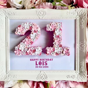 Regalo per il 21° compleanno, regalo per il 21° compleanno, numero floreale, cornice con numero floreale, ricordo di buon compleanno, regalo di compleanno per figlia