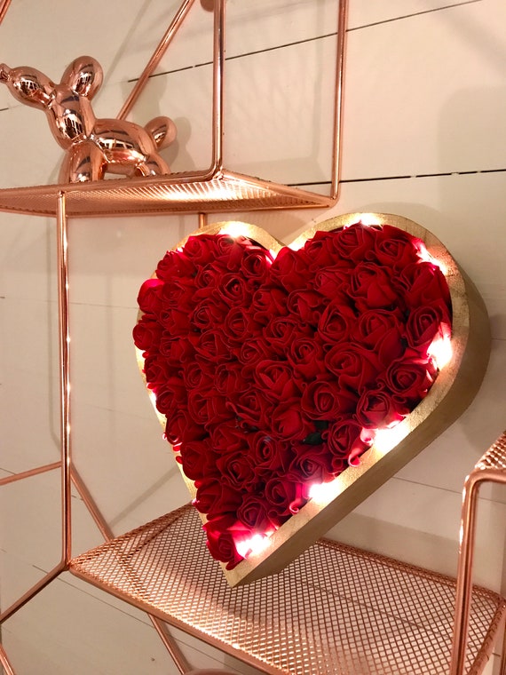 Red Rose Heart Decor: Fillable Wooden Heart with LED Lights