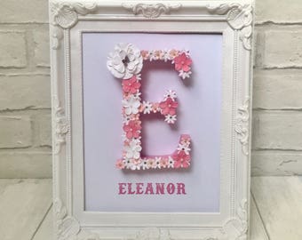Floral Letter Frame, Pink & White Paper Flowers, New Baby Gift
