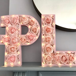 30cm Floral Name Sign, Giant Pink Rose Letters, Light Up Flower Initials