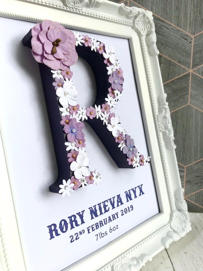 Personalised floral sign, White and lilac flower initial, Flower monogram image 3