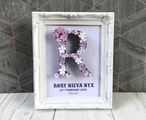 Personalised floral sign, White and lilac flower initial, Flower monogram