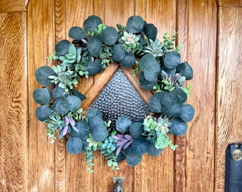 Succulent Door Wreath: Evergreen Eucalyptus Garland, Artificial Foliage