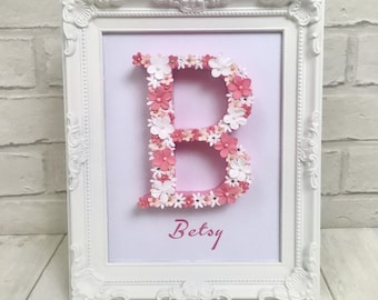 Personalised nursery decor, Pink and white nursery art, Decorated letter art, Gift for new baby girl, 1st birthday gift for girl, Name frame