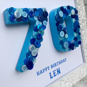 May include: A white framed picture with blue numbers 70 made of buttons. The text "Happy Birthday Len" is printed below the numbers.