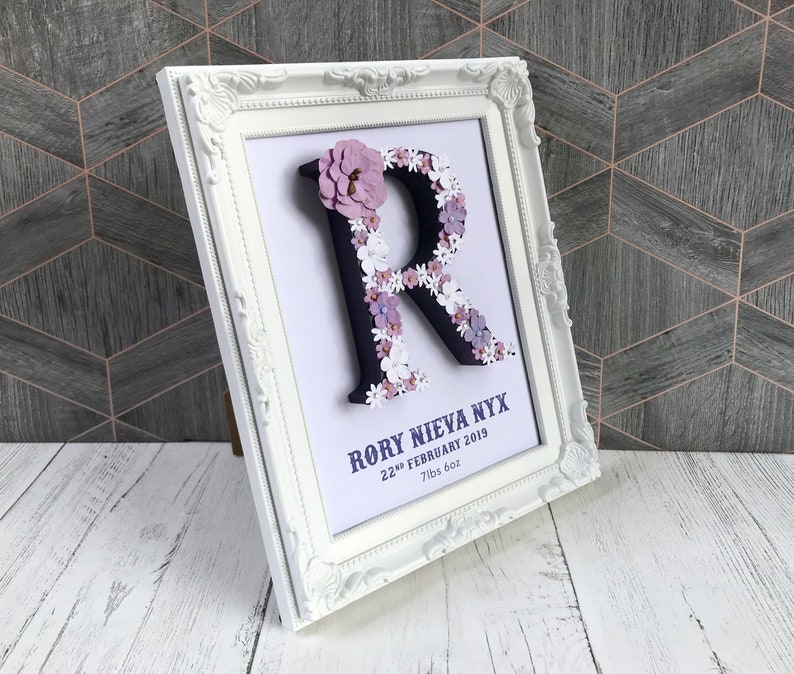 Personalised floral sign, White and lilac flower initial, Flower monogram image 2