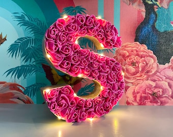 Hot Pink Floral Light Up Initial Monogram Sign - Customizable Home Decor