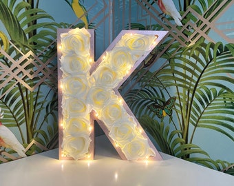 Ivory Rose Flower Initial: Rose Gold Light Up Letter (12")