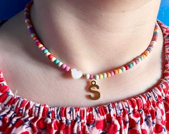 Initial Necklace: Colorful Beaded Choker with Shell Heart