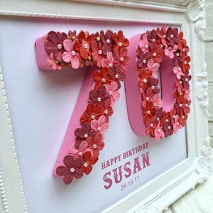 May include: A white frame with a pink background and the number 70 made of pink flowers and white pearls. The text "Happy Birthday Susan 29.10.17" is printed below the number.