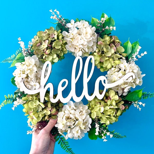 35cm Artificial Wreath, Green Hydrangea Wreath, Front Door Decoration, Hello Wreath Home Decoration