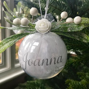 Personalised Christmas Bauble, Name Christmas Decoration, Feather Remembering Decoration