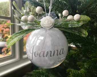 Personalised Christmas Bauble, Name Christmas Decoration, Feather Remembering Decoration