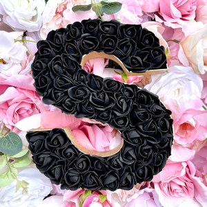 Black Flower Letter, Black Floral Initial, Black Rose Home Decor, Black and Gold Personalised Gift