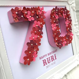 May include: A white frame with a pink background and the numbers 70 made of pink paper flowers. The flowers are decorated with small white pearls. The text "Happy Birthday RURI 2017.10.02" is printed in red below the numbers.